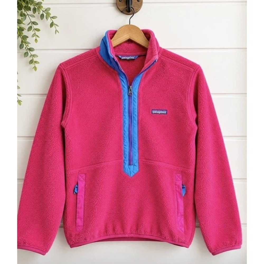 Vntg Patagonia Women's Pink/Blue Fleece Zip pullover Pockets Logo